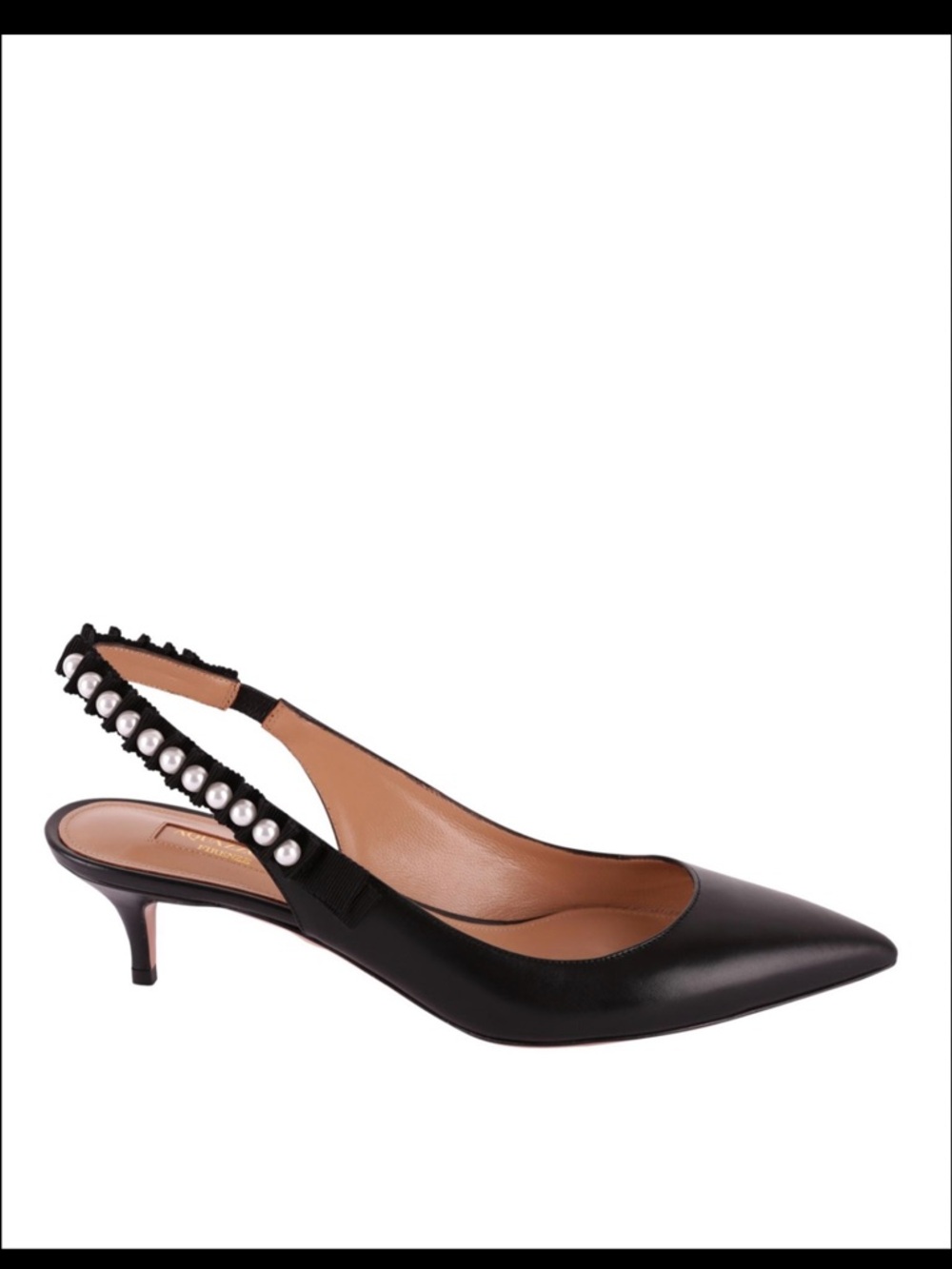 Aquazzura Black Slingback Kitten Heels with Pearl Trim